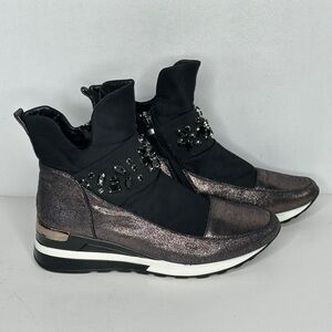 Atalina Black Metallic Slip On‎ Booties Glitter Floral Rhinestones Glam Sz 8